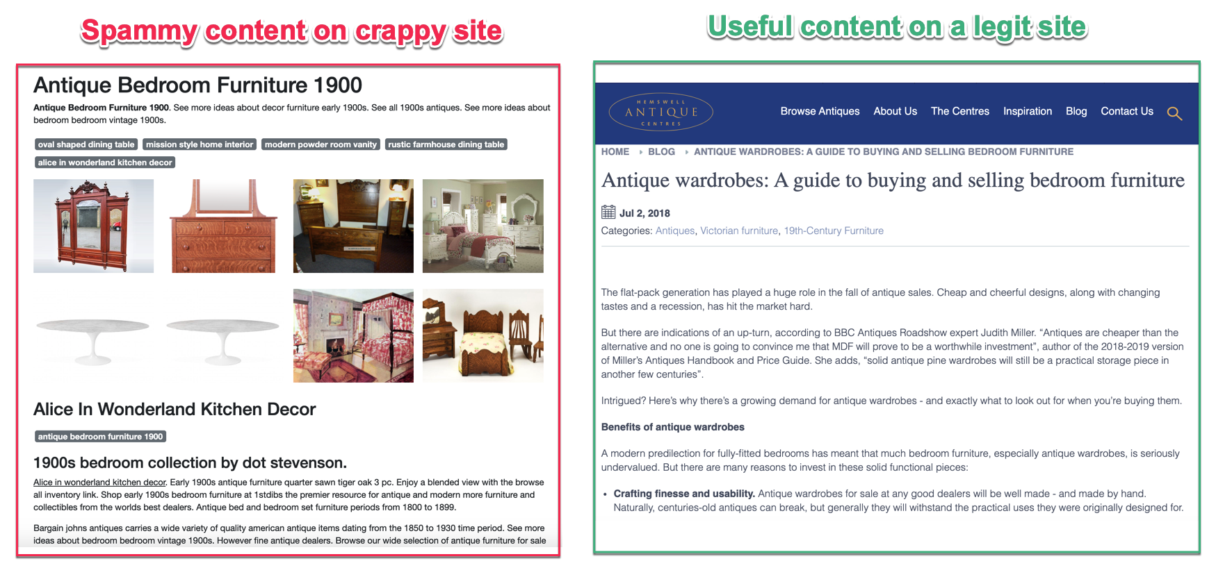 spammy site vs quality site